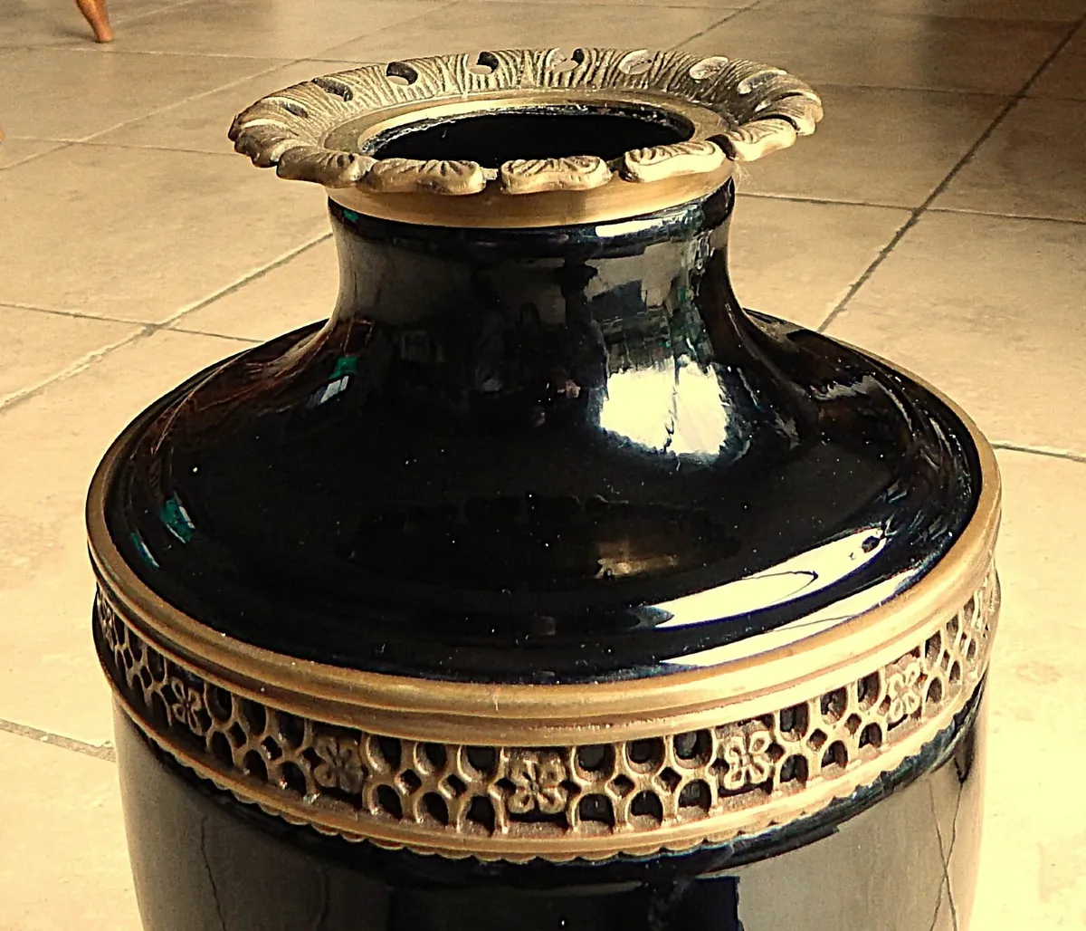 Black Glass and Brass Ornate Urn - Image 4