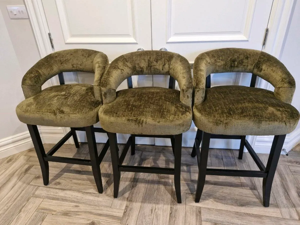 3 Barstools Moss Green Chenille - Image 1