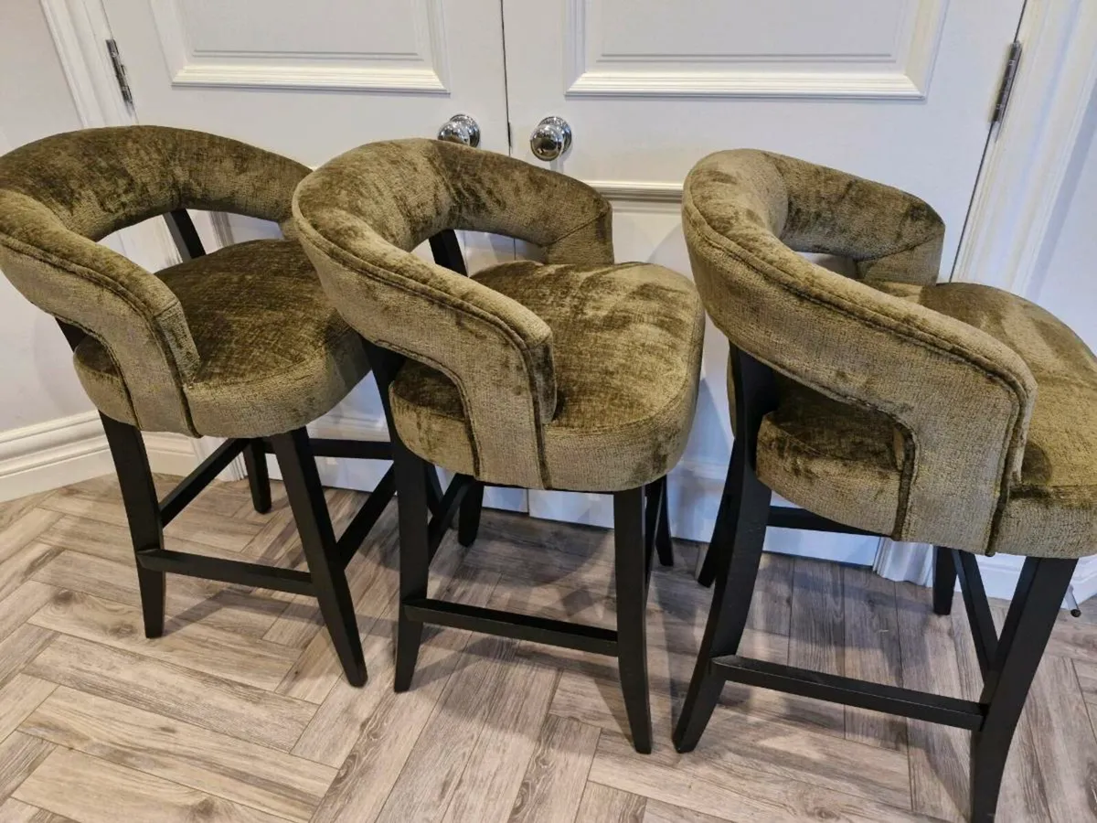 3 Barstools Moss Green Chenille - Image 2