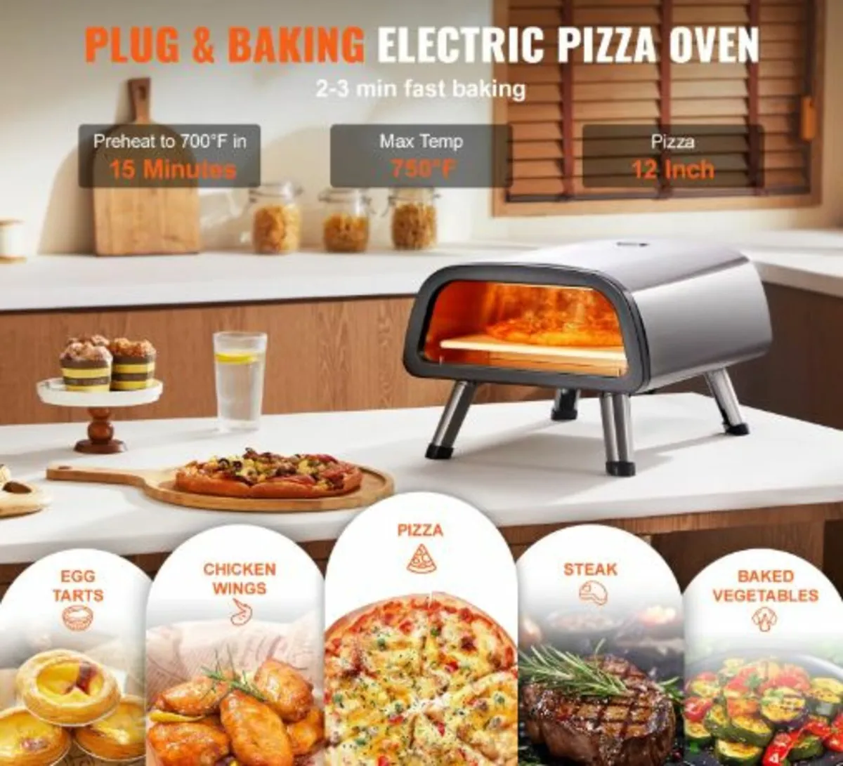 12" Electric Pizza Oven Countertop,Stainless Steel - Image 2
