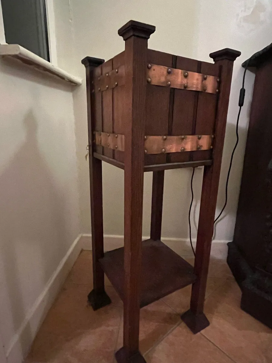 Antique oak plant stand with copper trim - Image 2