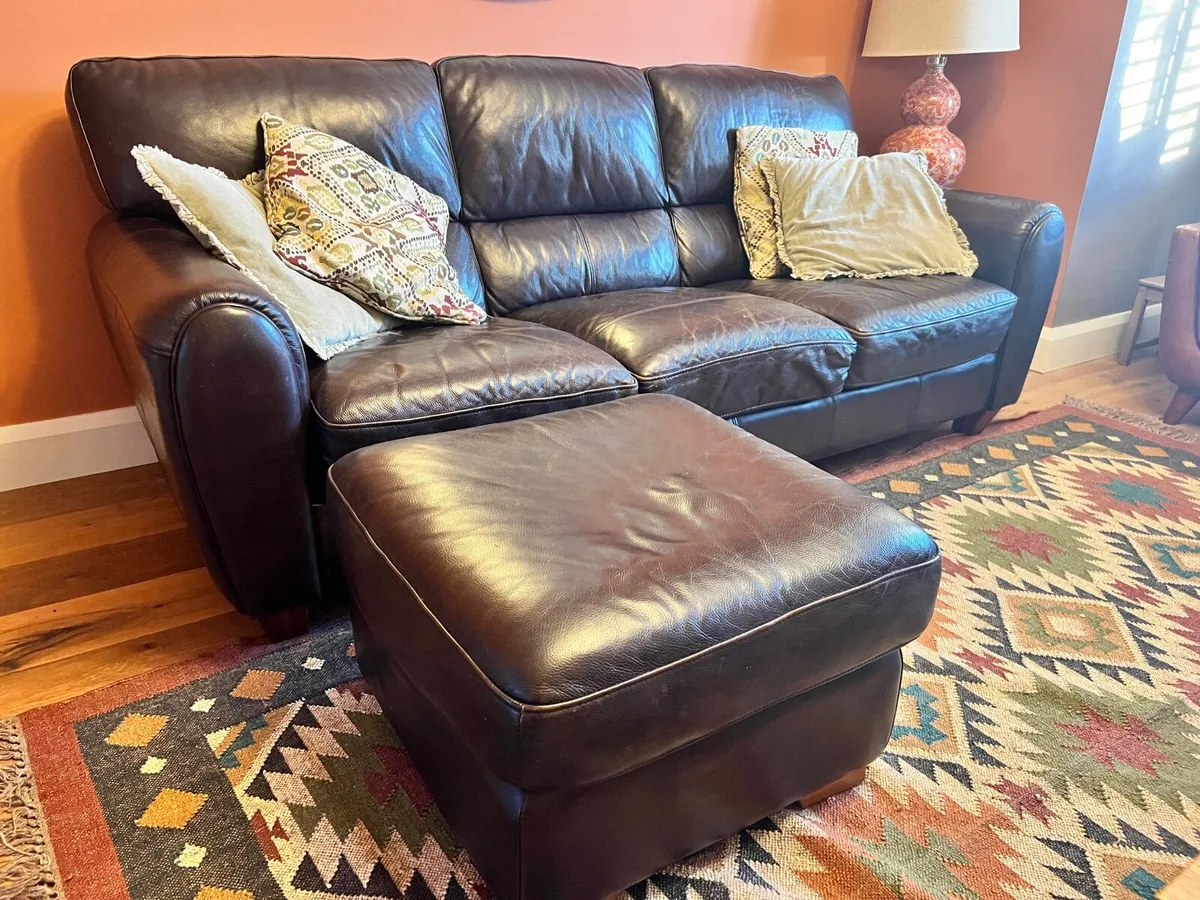 3 seater leather couch and footstool - Image 1
