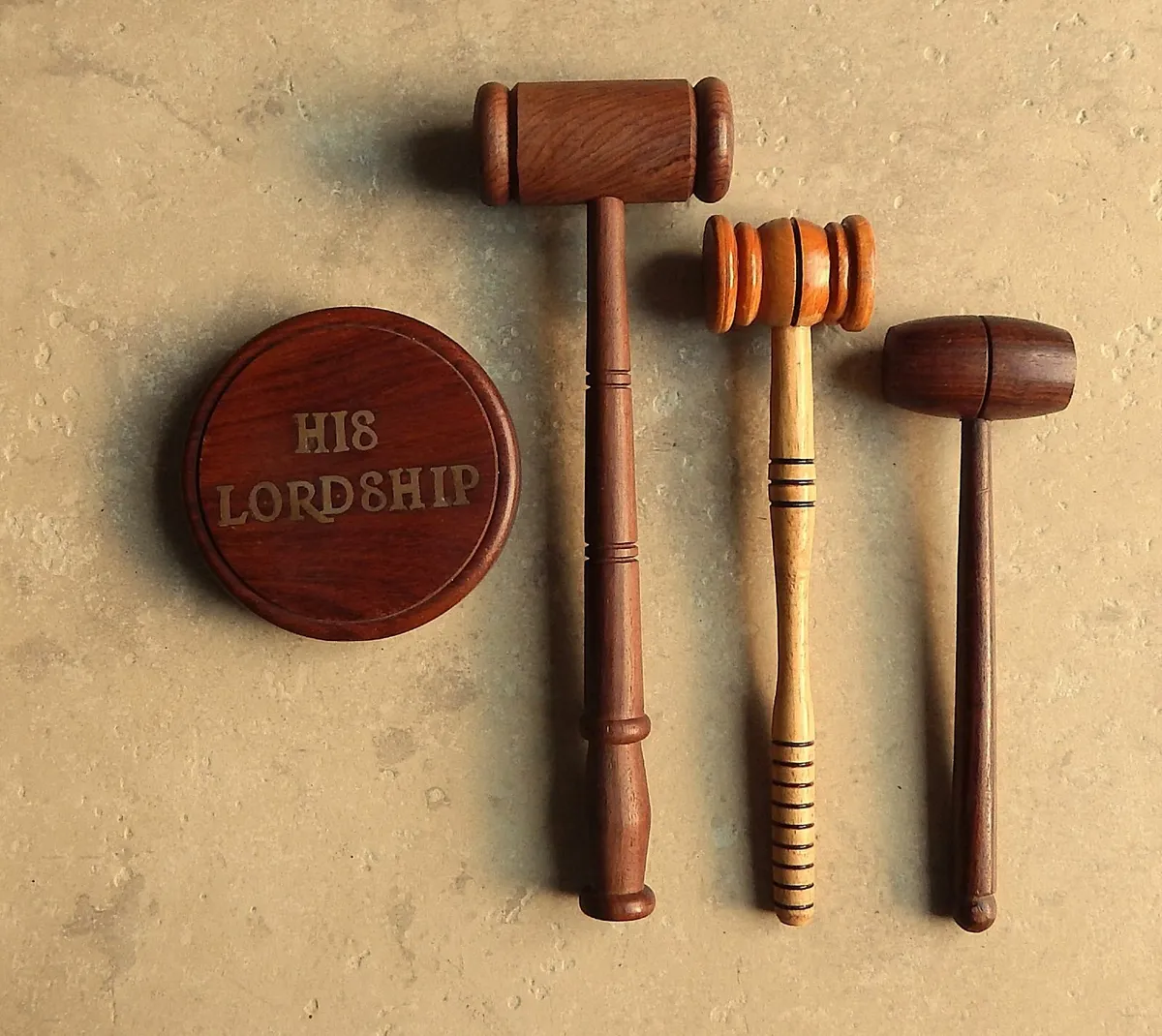 Selection of 3 Handmade Gavels & Block with Inlay - Image 1