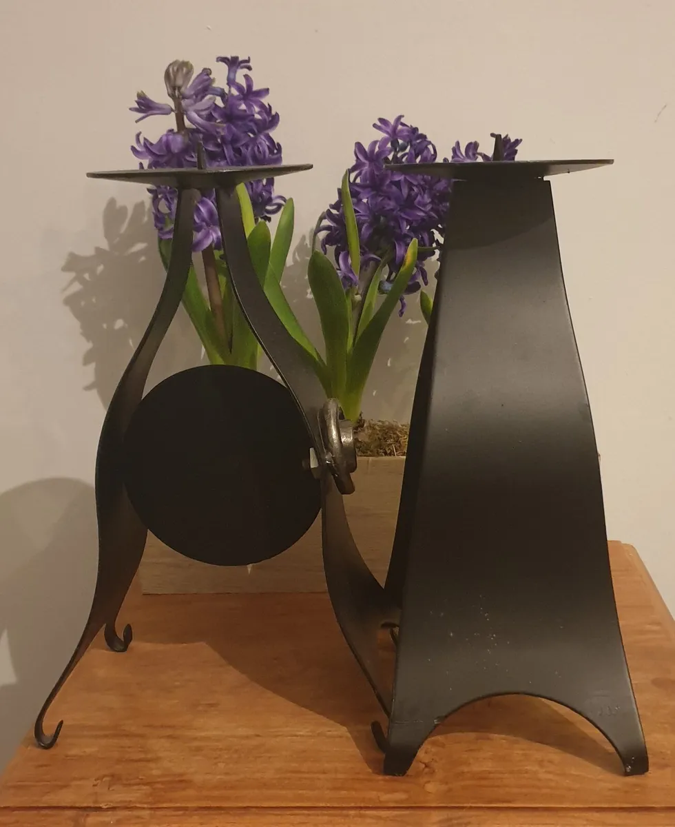 Pair of Tall Metal Candle Holders - Image 2