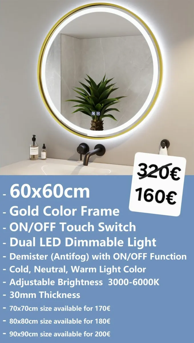 Gold LED Bathroom Mirror Demister Antifog - Image 1
