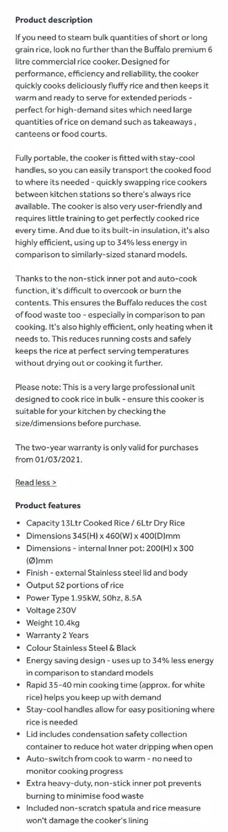 Buffalo Premium Commercial Rice Cooker 6 ltr X 3 - Image 2