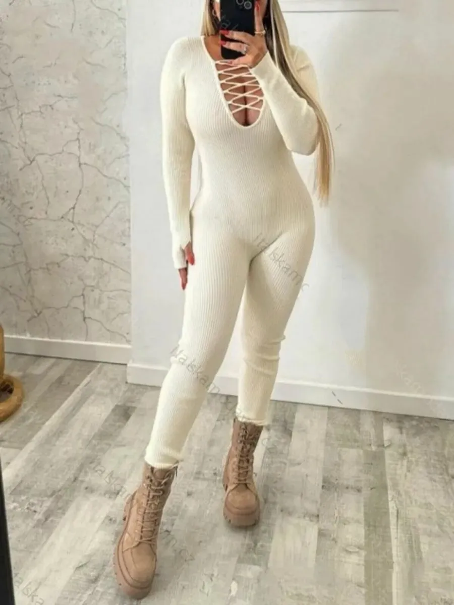 Beige shaping jumpsuit, striped - Image 1