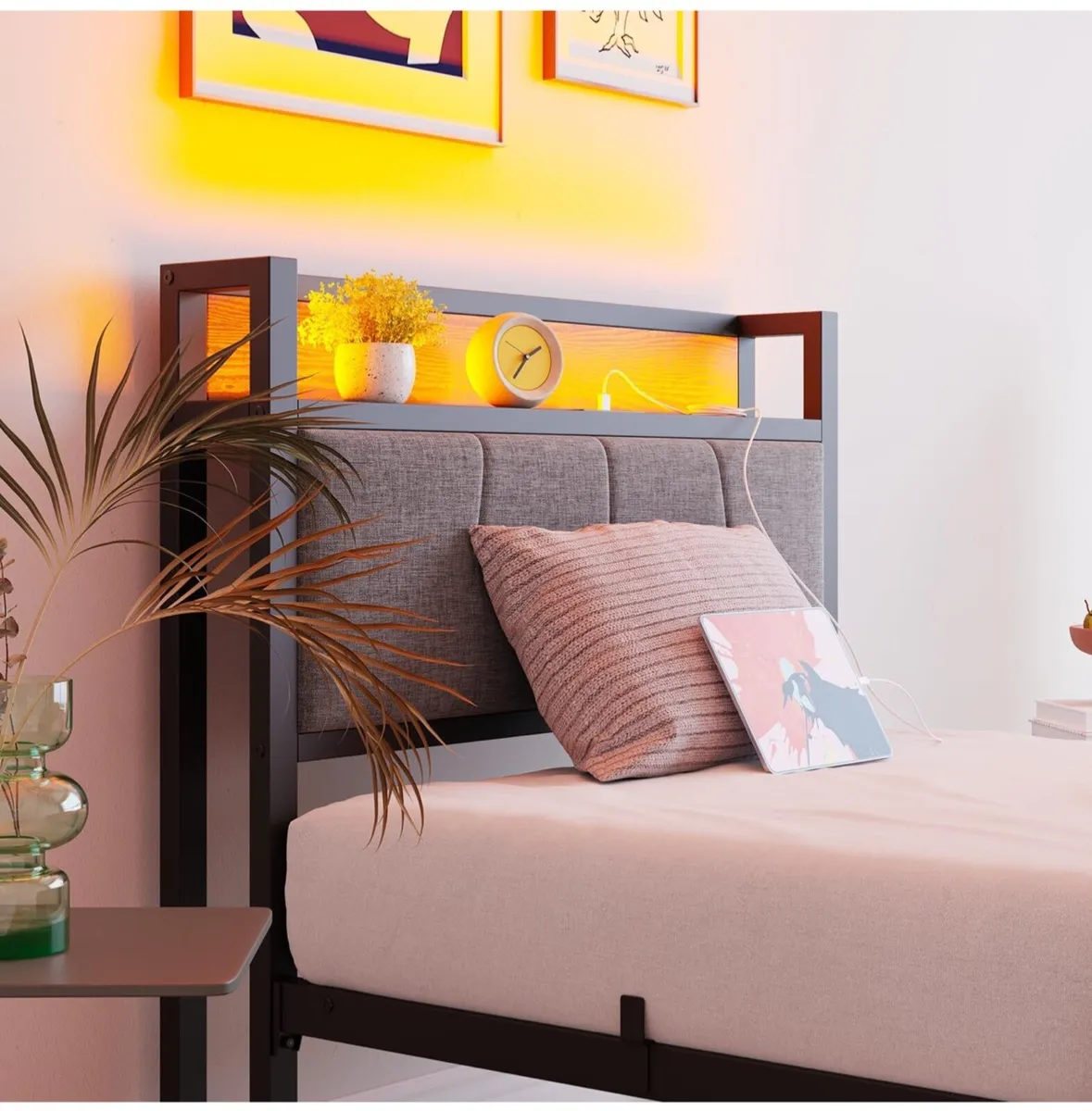 3ft Single Bed Frame with Storage Headboard,LED Li - Image 3