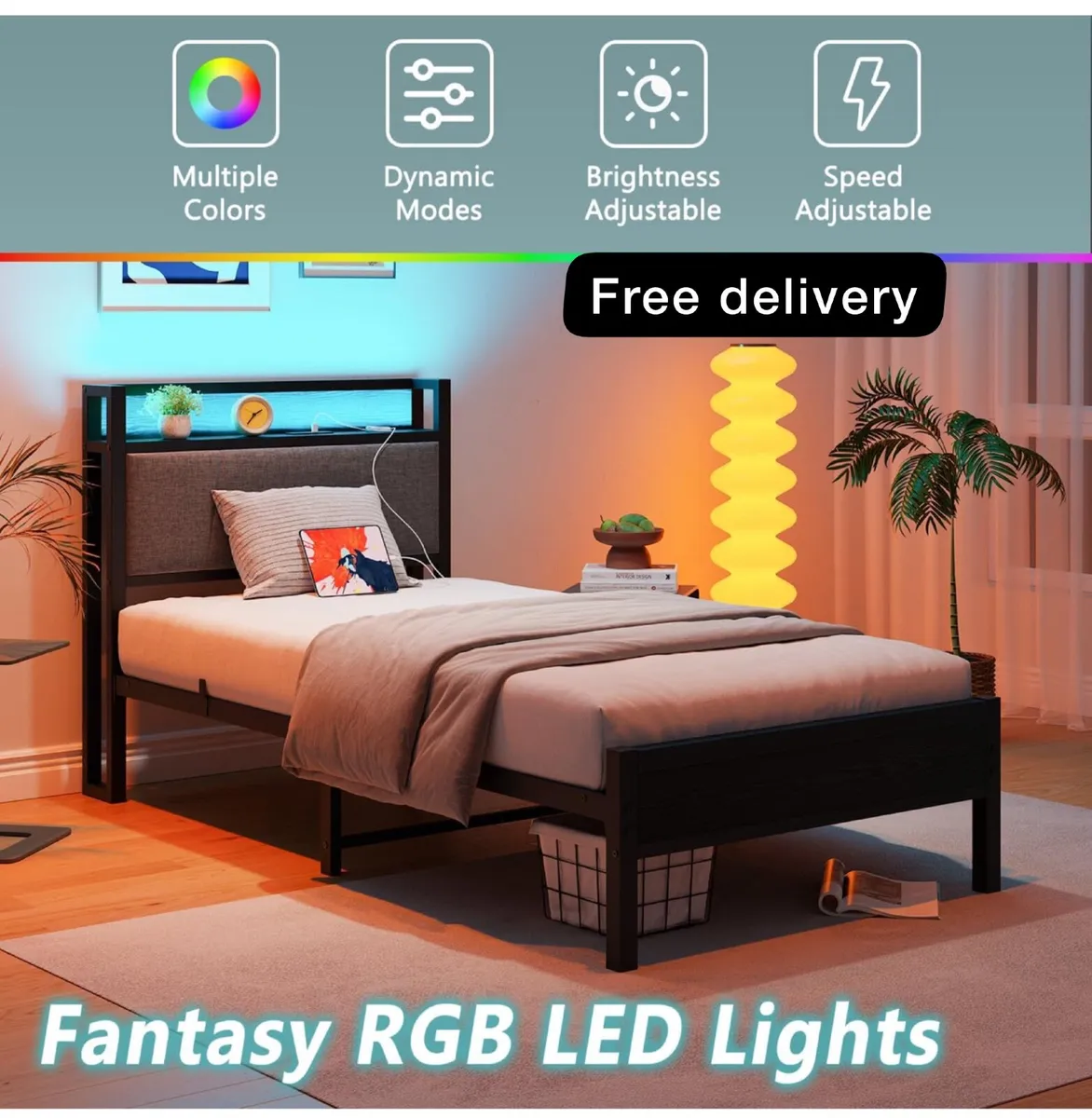 3ft Single Bed Frame with Storage Headboard,LED Li - Image 1