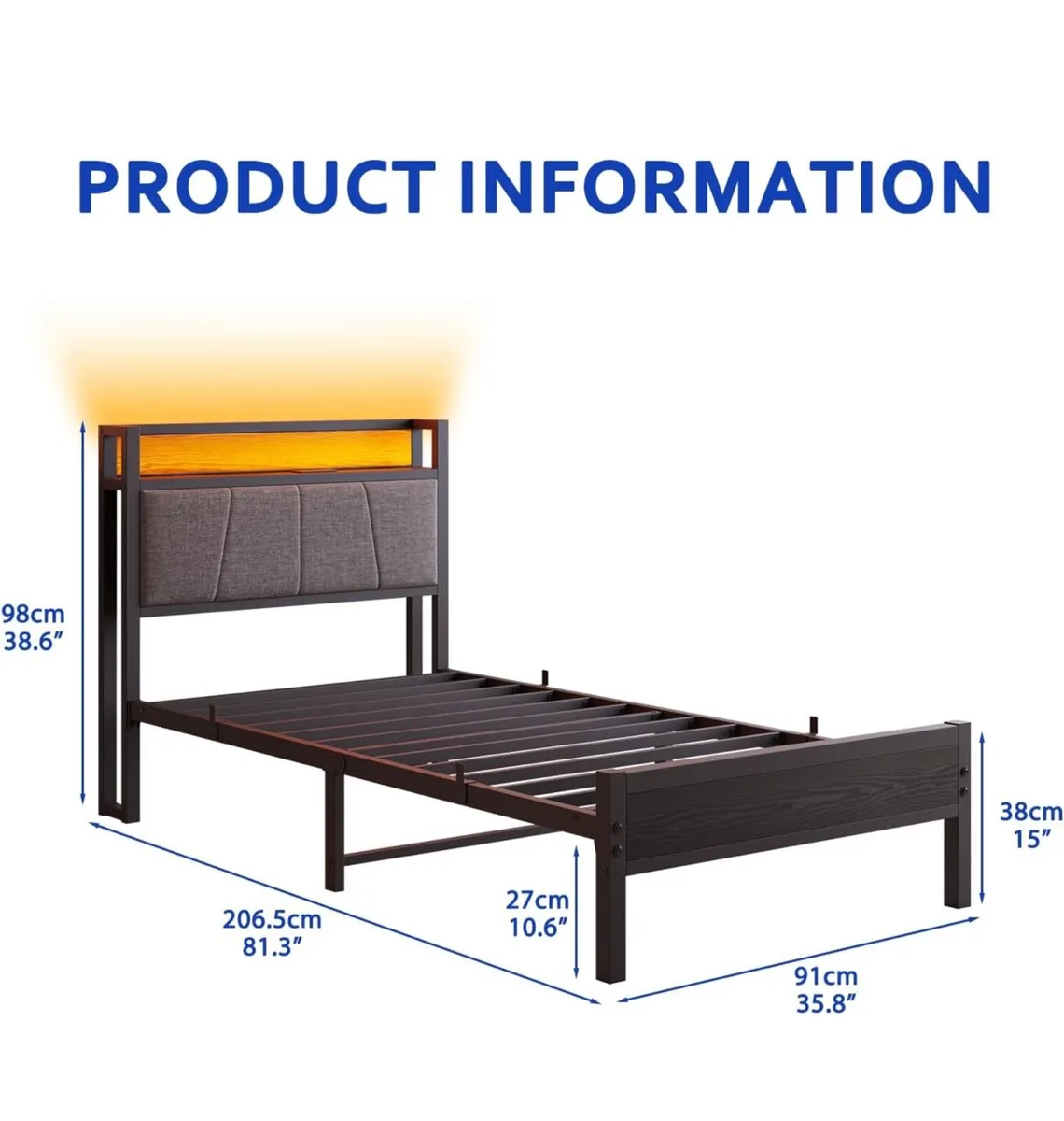 3ft Single Bed Frame with Storage Headboard,LED Li - Image 2