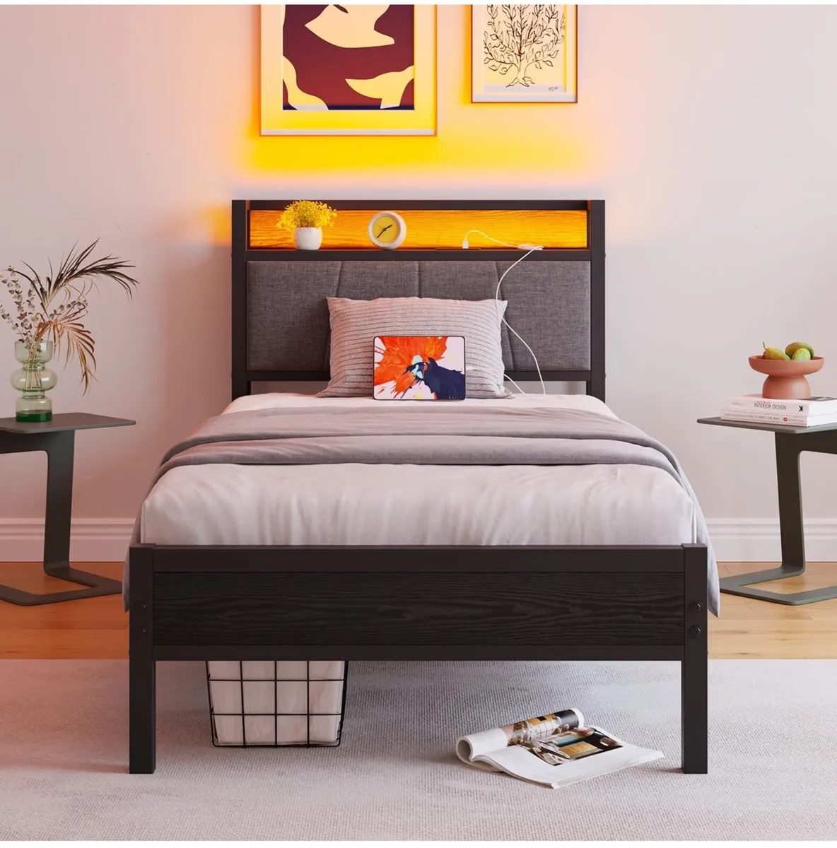 3ft Single Bed Frame with Storage Headboard,LED Li - Image 1