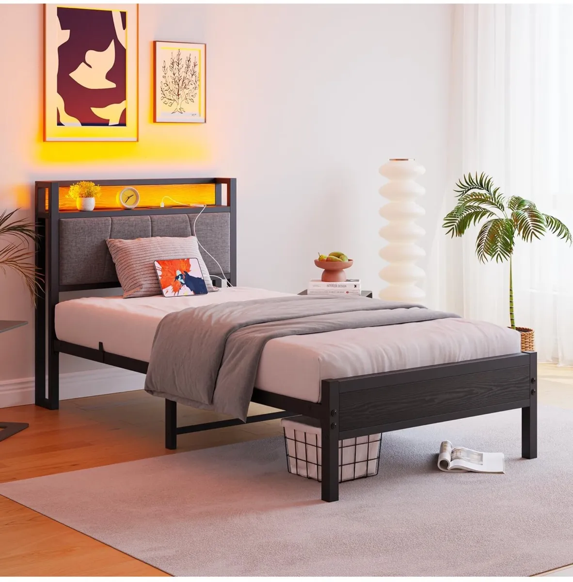 3ft Single Bed Frame with Storage Headboard,LED Li - Image 3