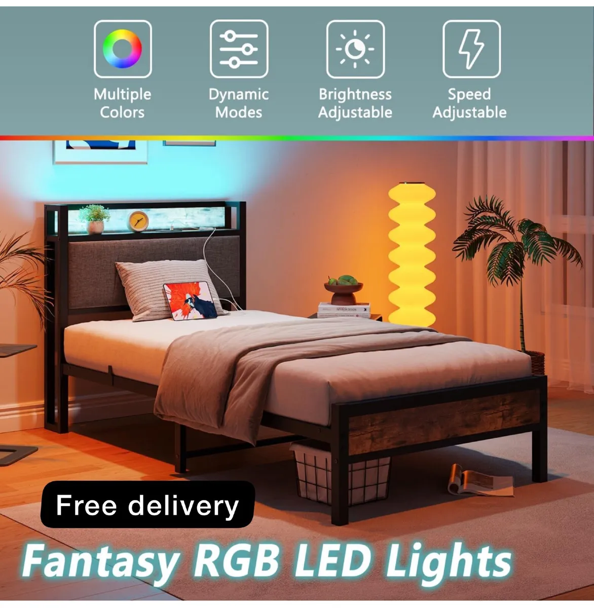 3ft Single Bed Frame with Storage Headboard,LED Li - Image 1