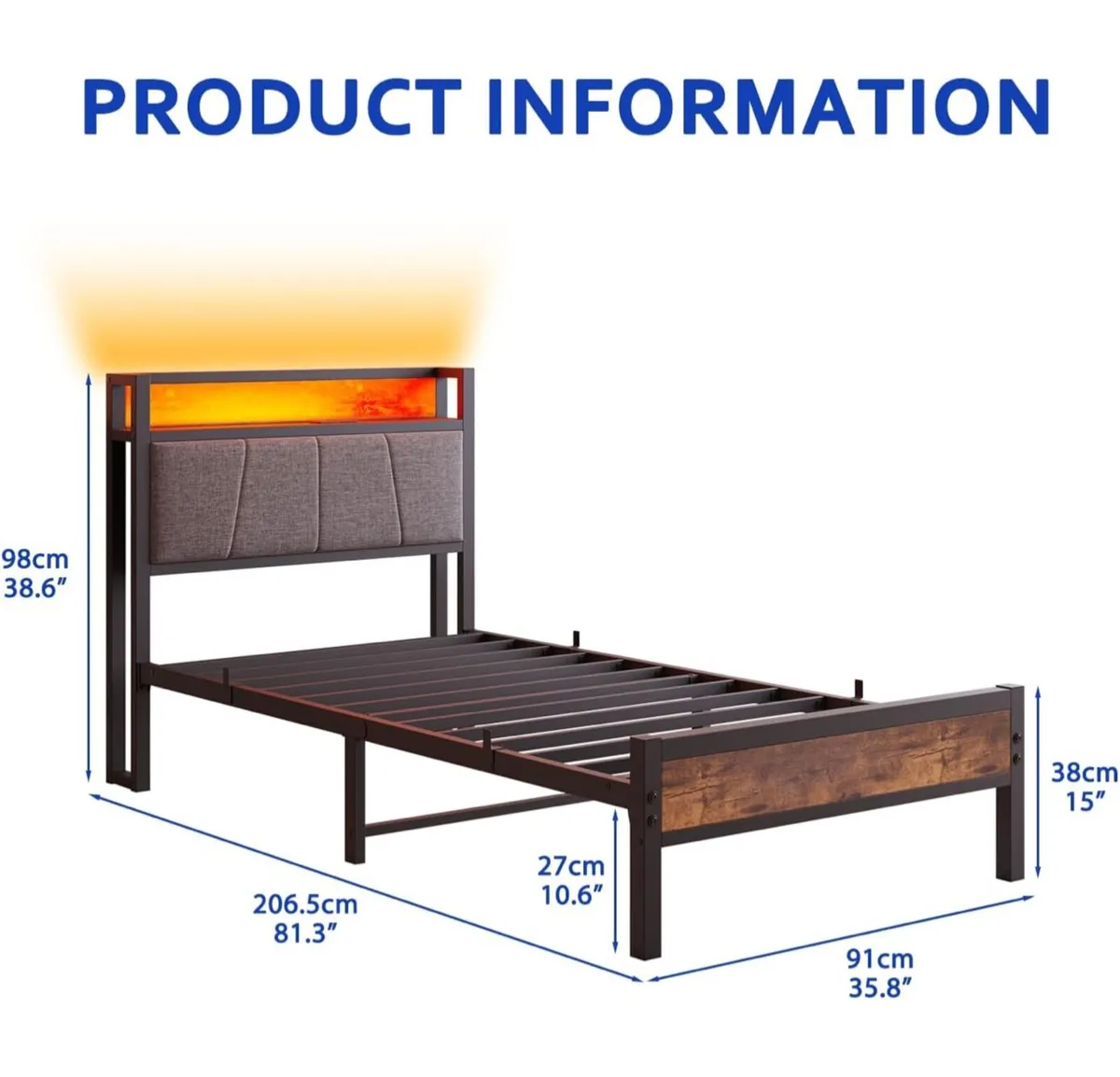 3ft Single Bed Frame with Storage Headboard,LED Li - Image 2