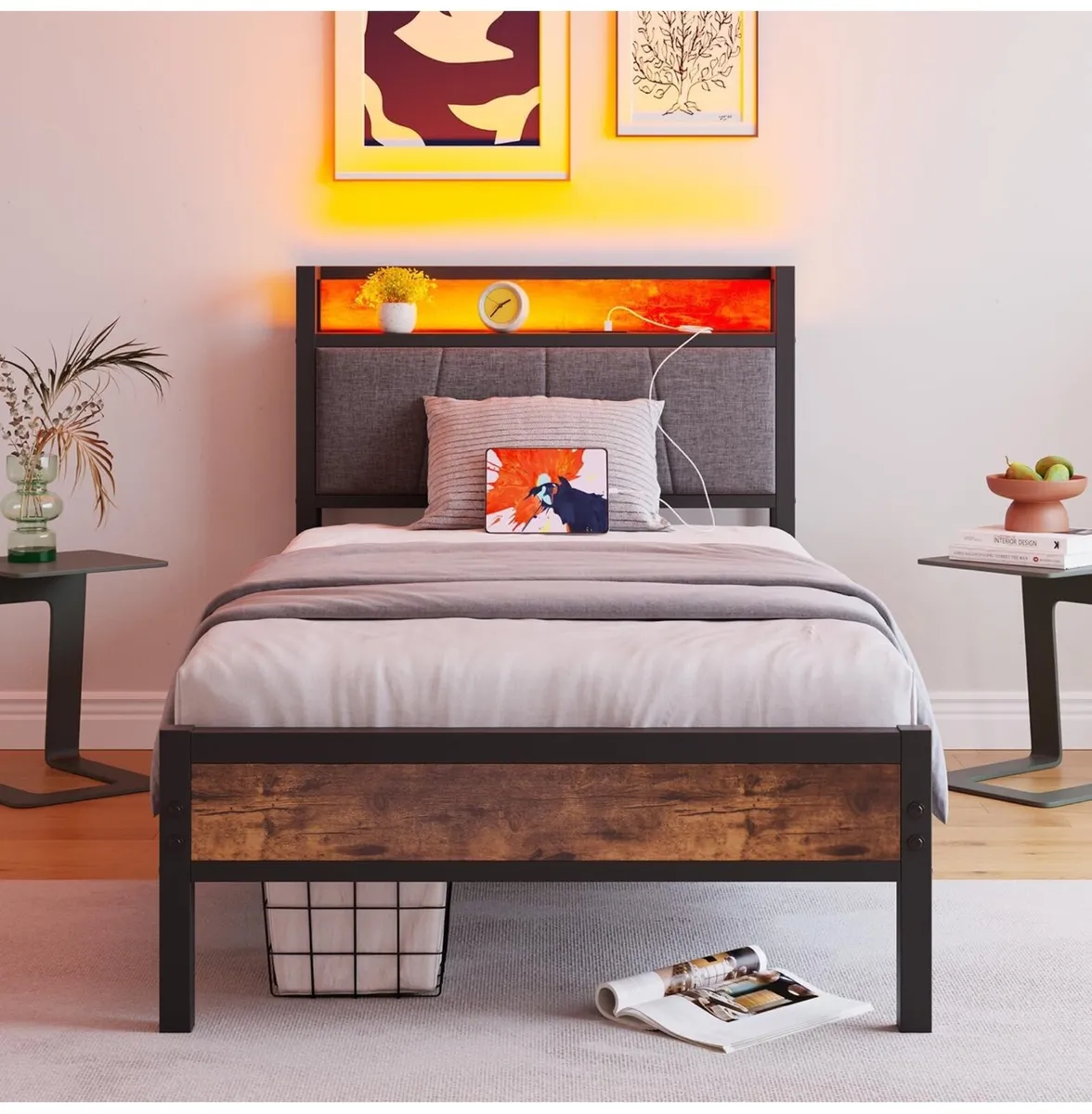 3ft Single Bed Frame with Storage Headboard,LED Li - Image 1