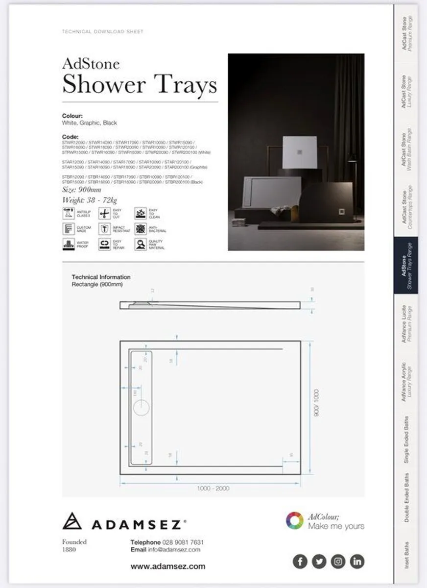 Adstone slate affect shower tray 1200mm x 1000mm - Image 3