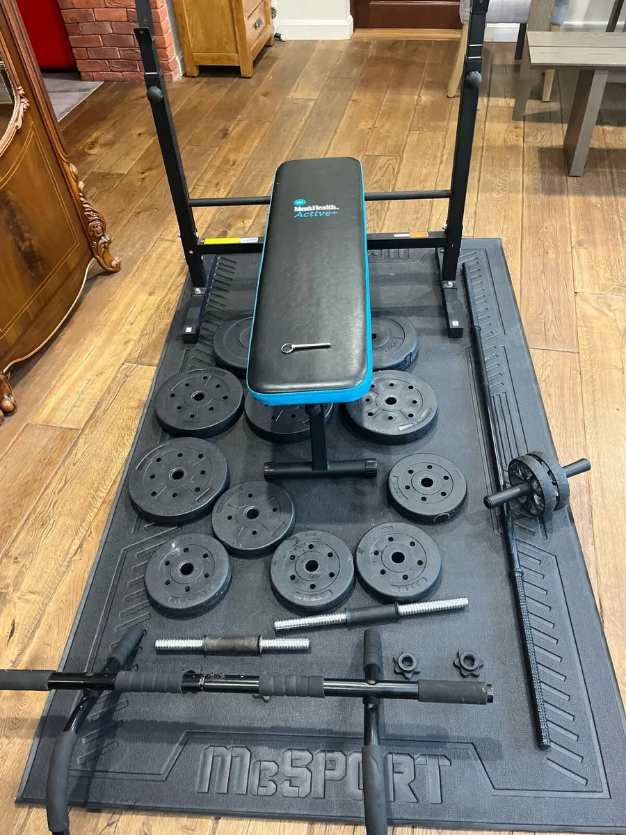 Bench pull up bar barbell dumbbells and weights - Image 1