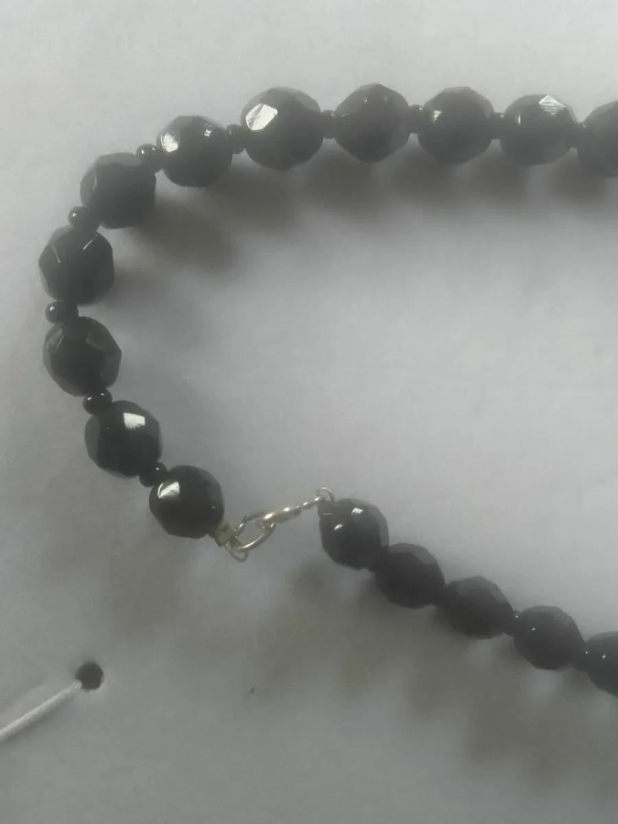 Vintage black glass bead necklace with stg silver - Image 1