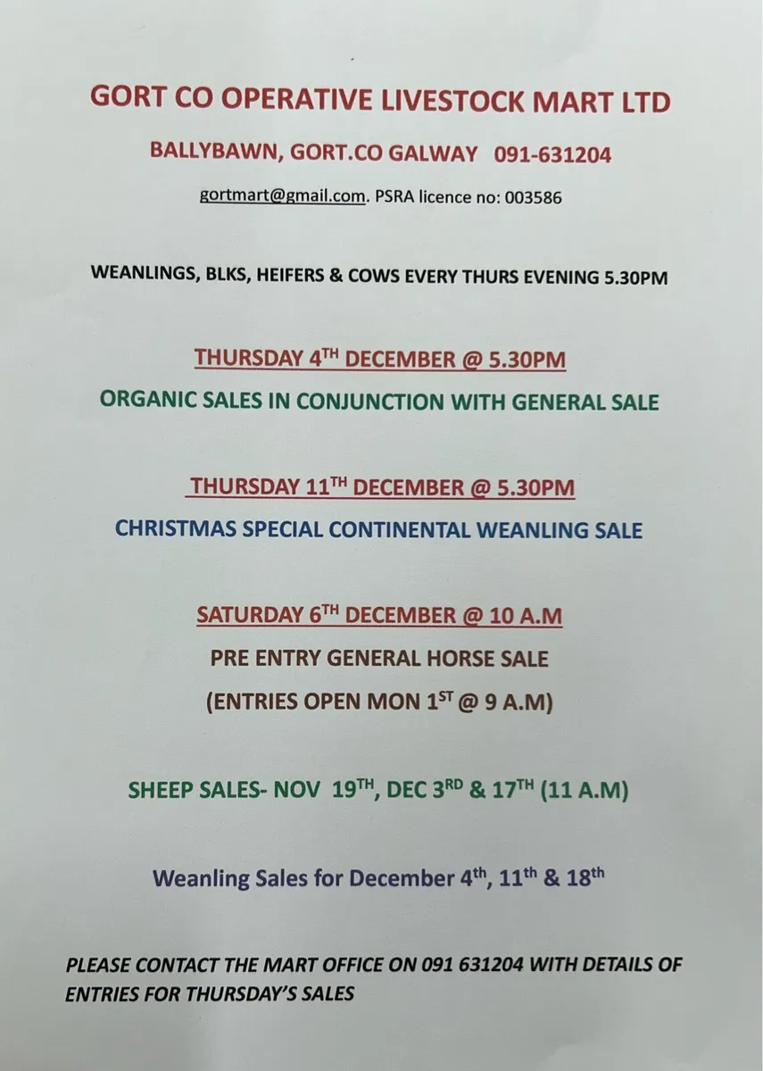 Gort Mart : Thurs 20th Nov : Entries