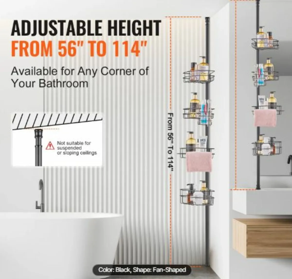 Shower Corner Caddy Tension Pole, 56" to 114" - Image 2