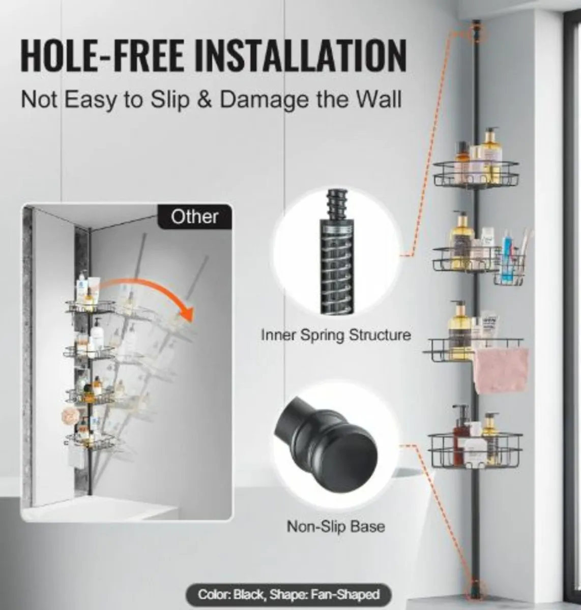 Shower Corner Caddy Tension Pole, 56" to 114" - Image 4