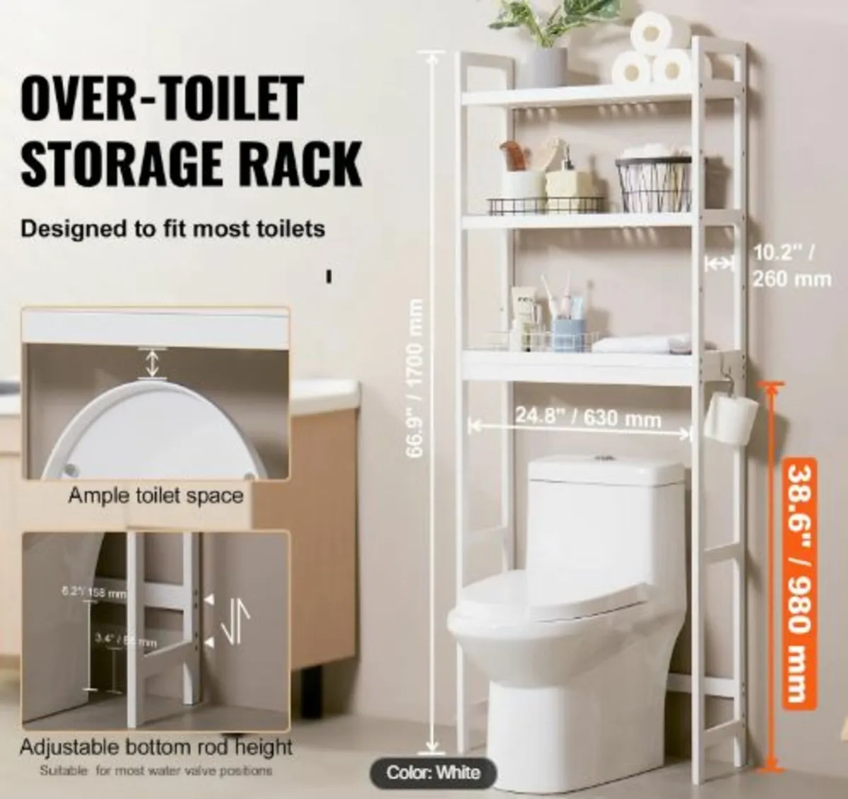 Over the Toilet Storage, 3-Tier Adjustable Over - Image 2