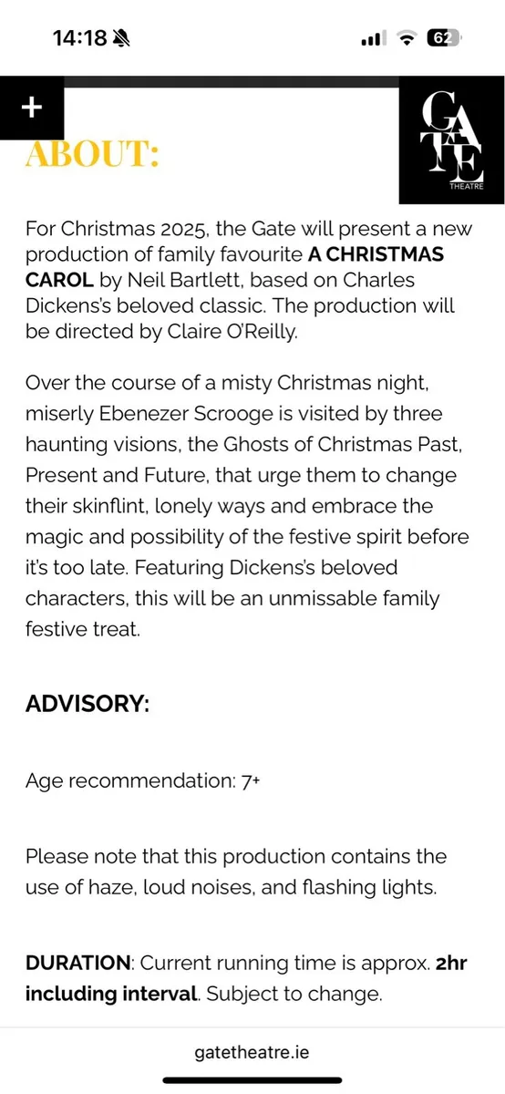 4 x Christmas Carol Tickets 18 December 6.30pm - Image 2