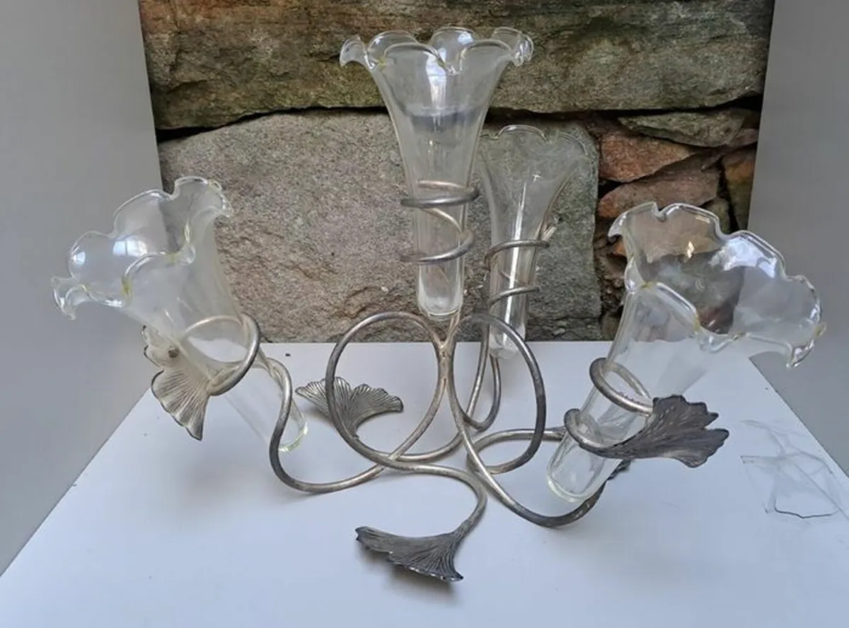4 branch Silver and glass flower holder - Image 1