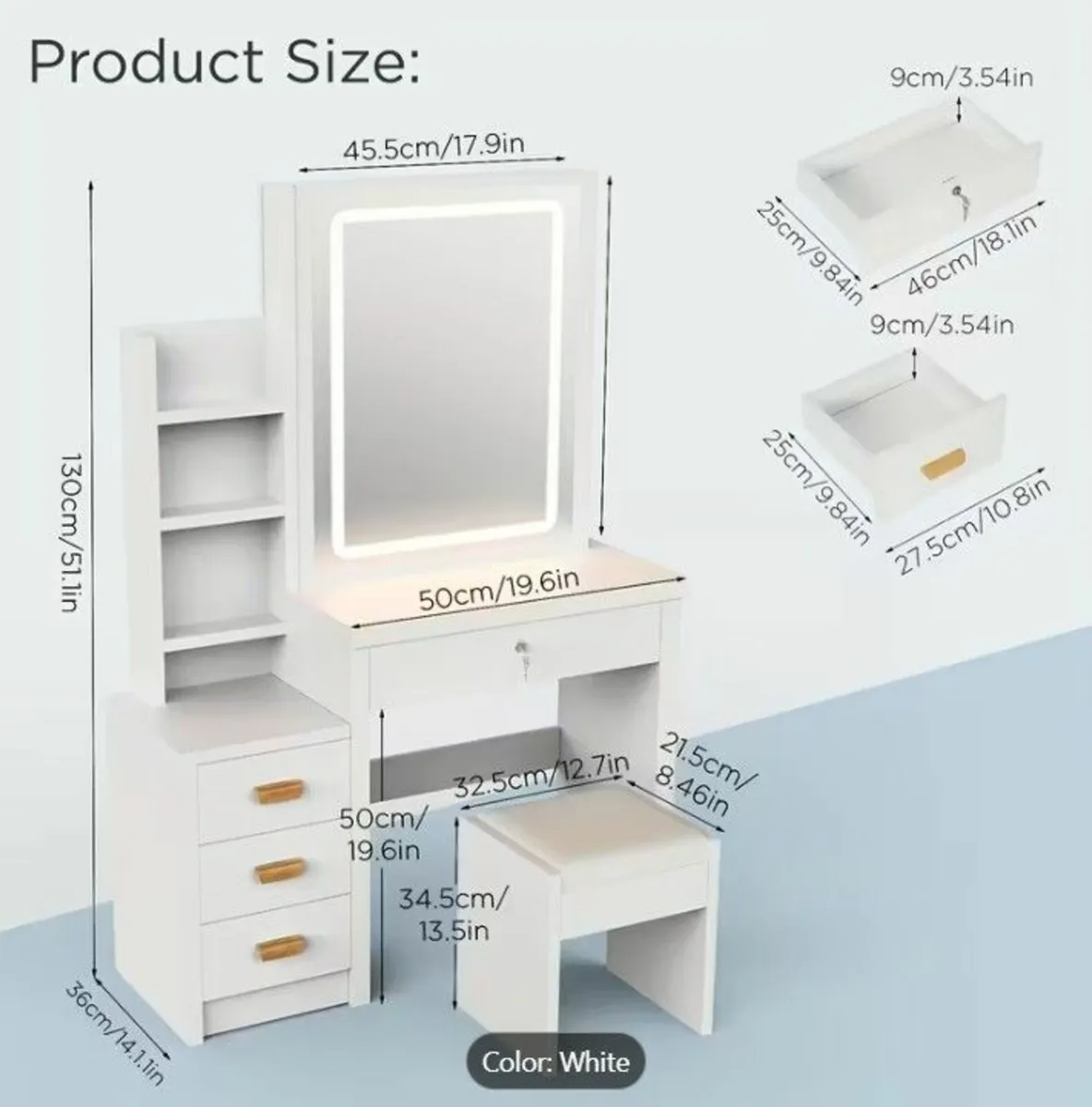 Dressing table & stool white LED vanity desk - Image 4