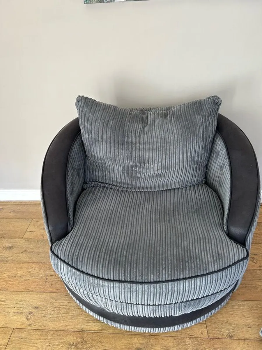 3 seater grey sofa, grey swivel chair & grey footstool - Image 2