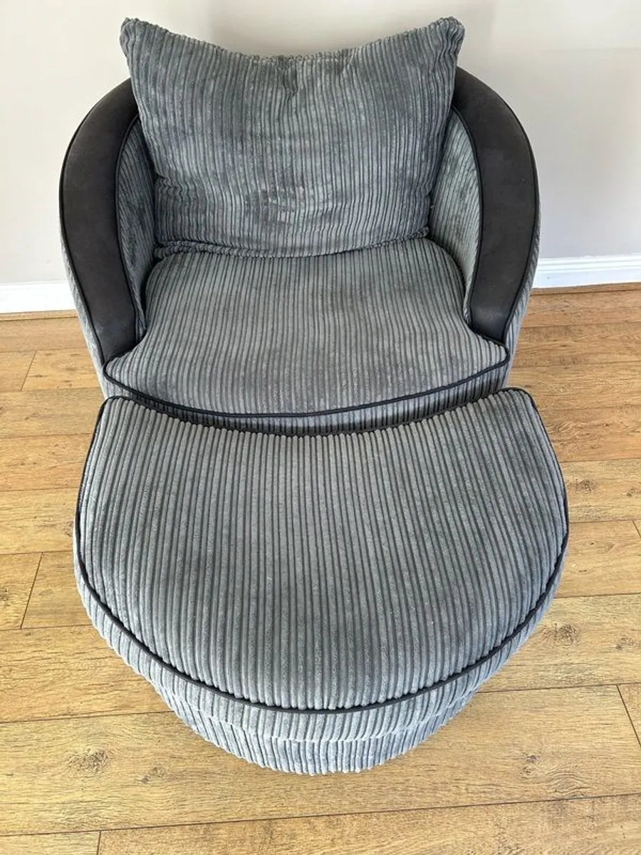 3 seater grey sofa, grey swivel chair & grey footstool - Image 3
