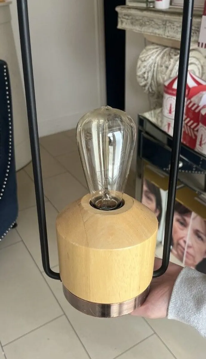 Set of 3 Modern Industrial Pendant Lights - Wood & Black Metal - Image 1