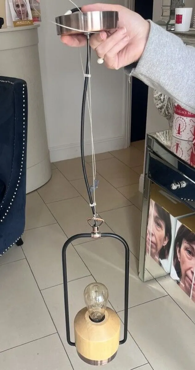 Set of 3 Modern Industrial Pendant Lights - Wood & Black Metal - Image 2