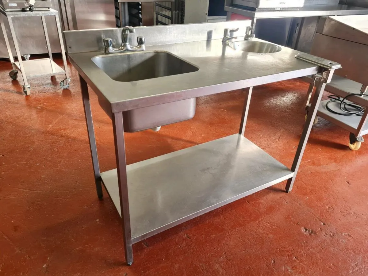 Stainless steel sinks, tables and shelf - Image 1