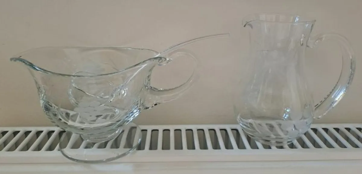Cut glass gravy boat jug and spoon - Image 2