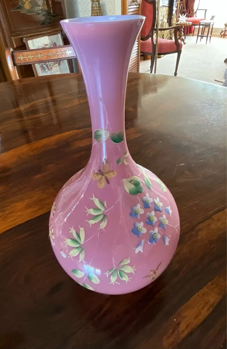 Antique Victorian Milk Glass Pink Handpainted Vase - Image 2