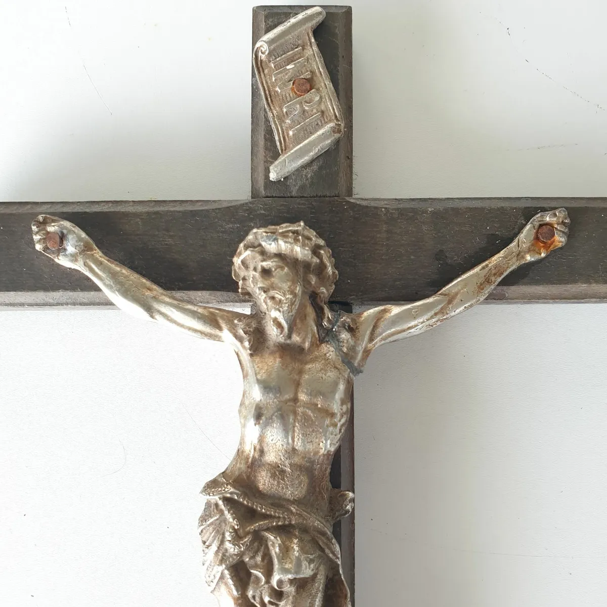 Crucifix vintage cross wood and metal - Image 2
