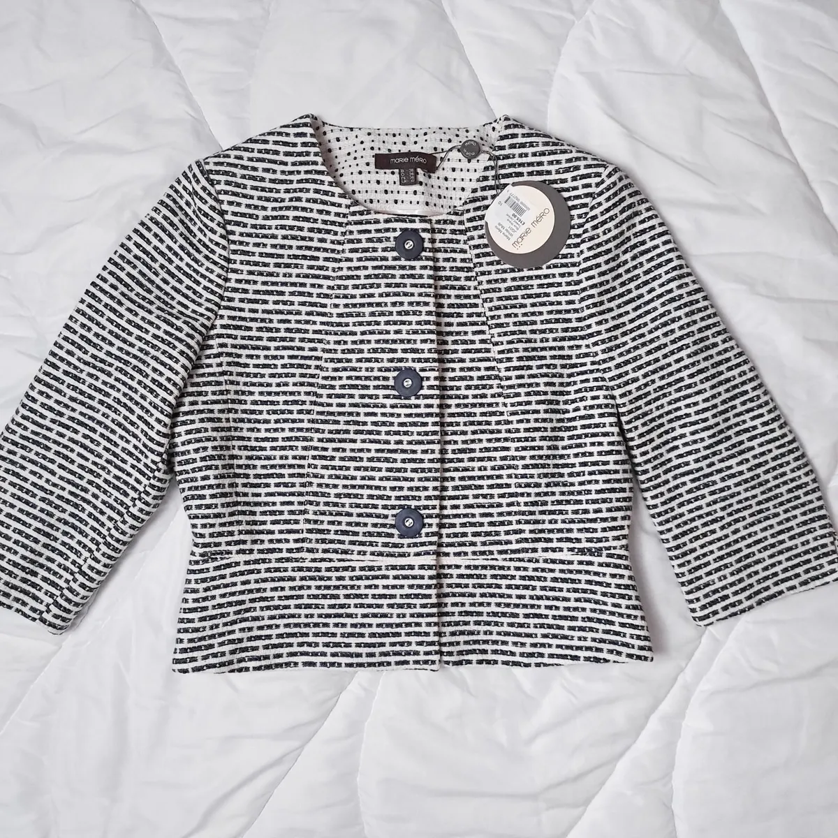 Marie Mero White Navy Textured Cropped Jacket 10UK - Image 1