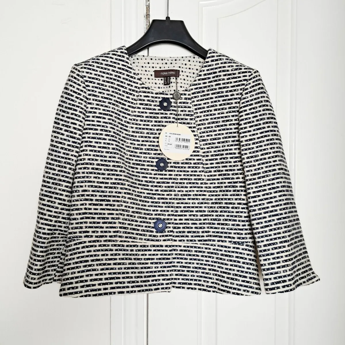 Marie Mero White Navy Textured Cropped Jacket 10UK - Image 3