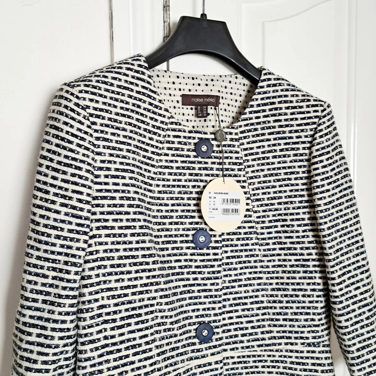 Marie Mero White Navy Textured Cropped Jacket 10UK - Image 4