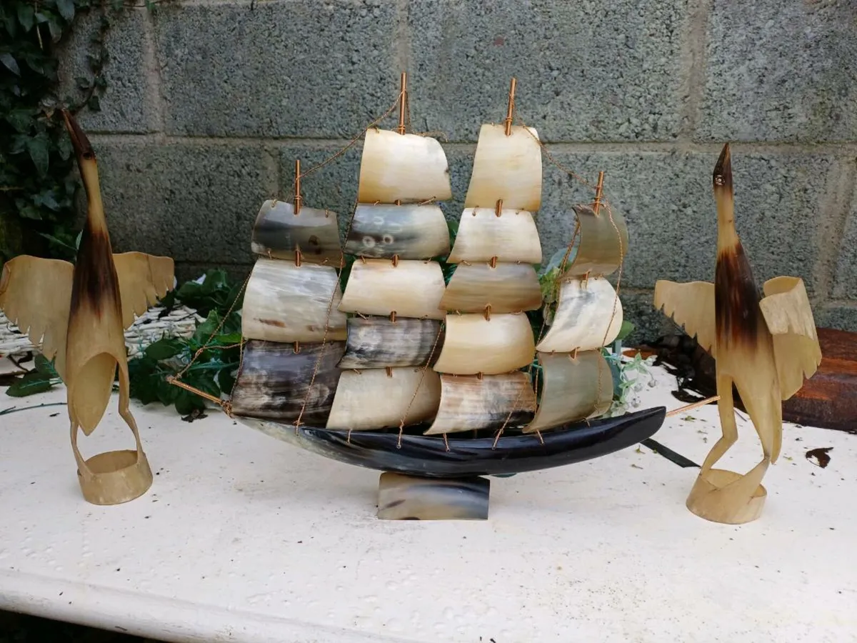 Vintage Handcrafted Horn Ship & Birds - Image 1