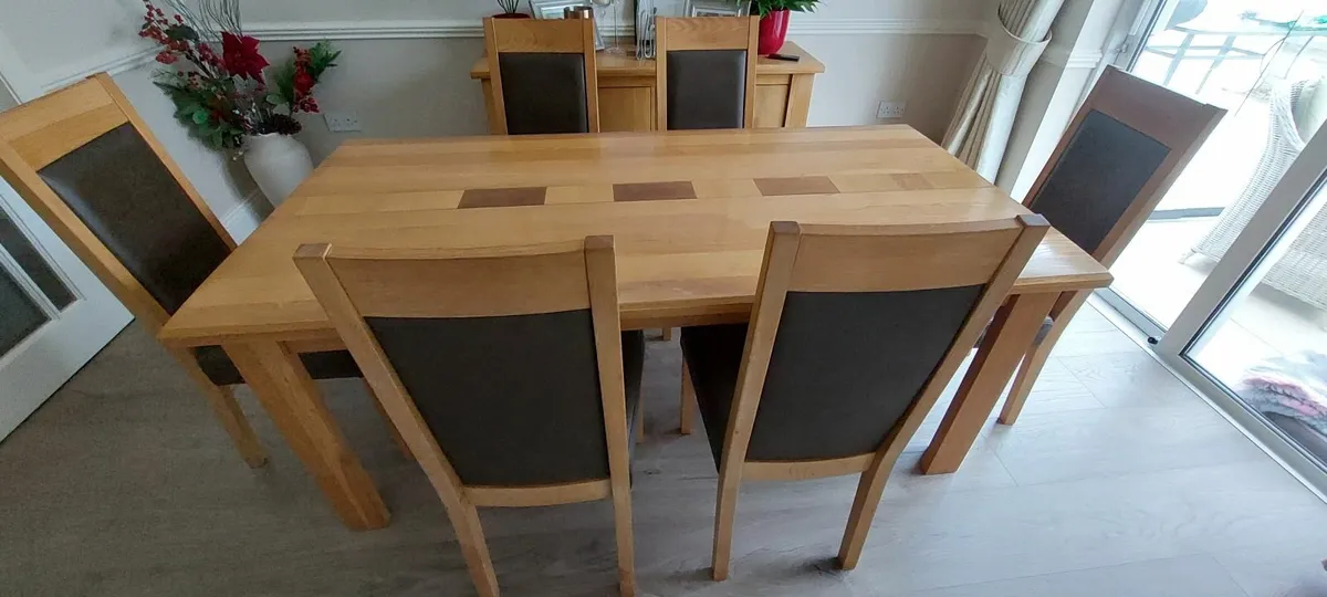 Solid Oak Dining Room Table and Chairs - Image 1