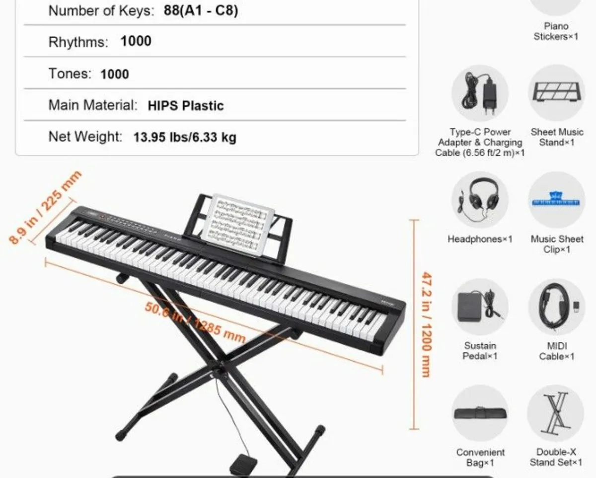 88 Key Digital Piano Keyboard Semi Weighted Electr - Image 3