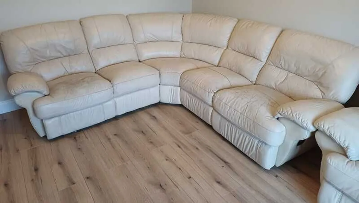 Cream leather corner recliner sofa, armchair and footstoll - Image 2