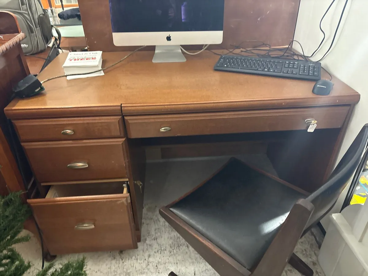 Office desk and leather high back chair