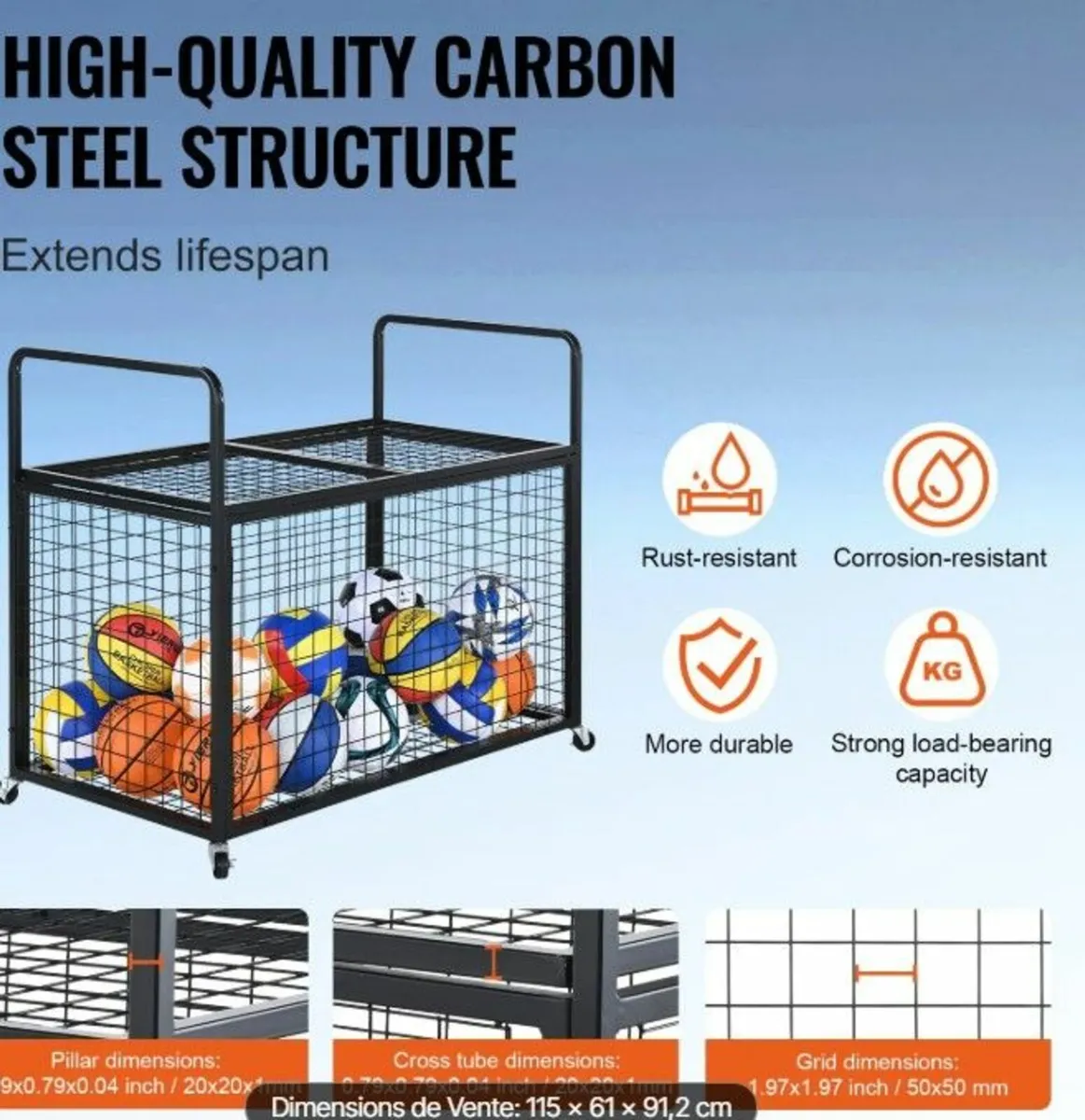 Heavy-Duty Metal Sports Ball Storage Cart on Wheel - Image 2