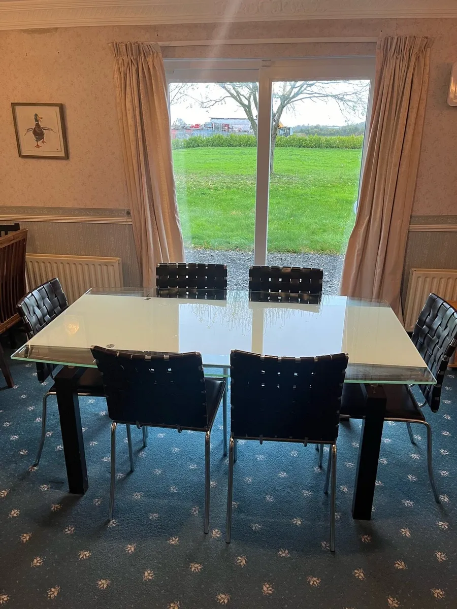 Extendable Glass Dining Table + 6 Leather Chairs - Image 1