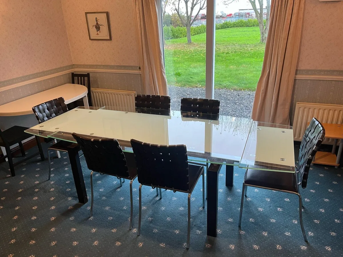 Extendable Glass Dining Table + 6 Leather Chairs - Image 2