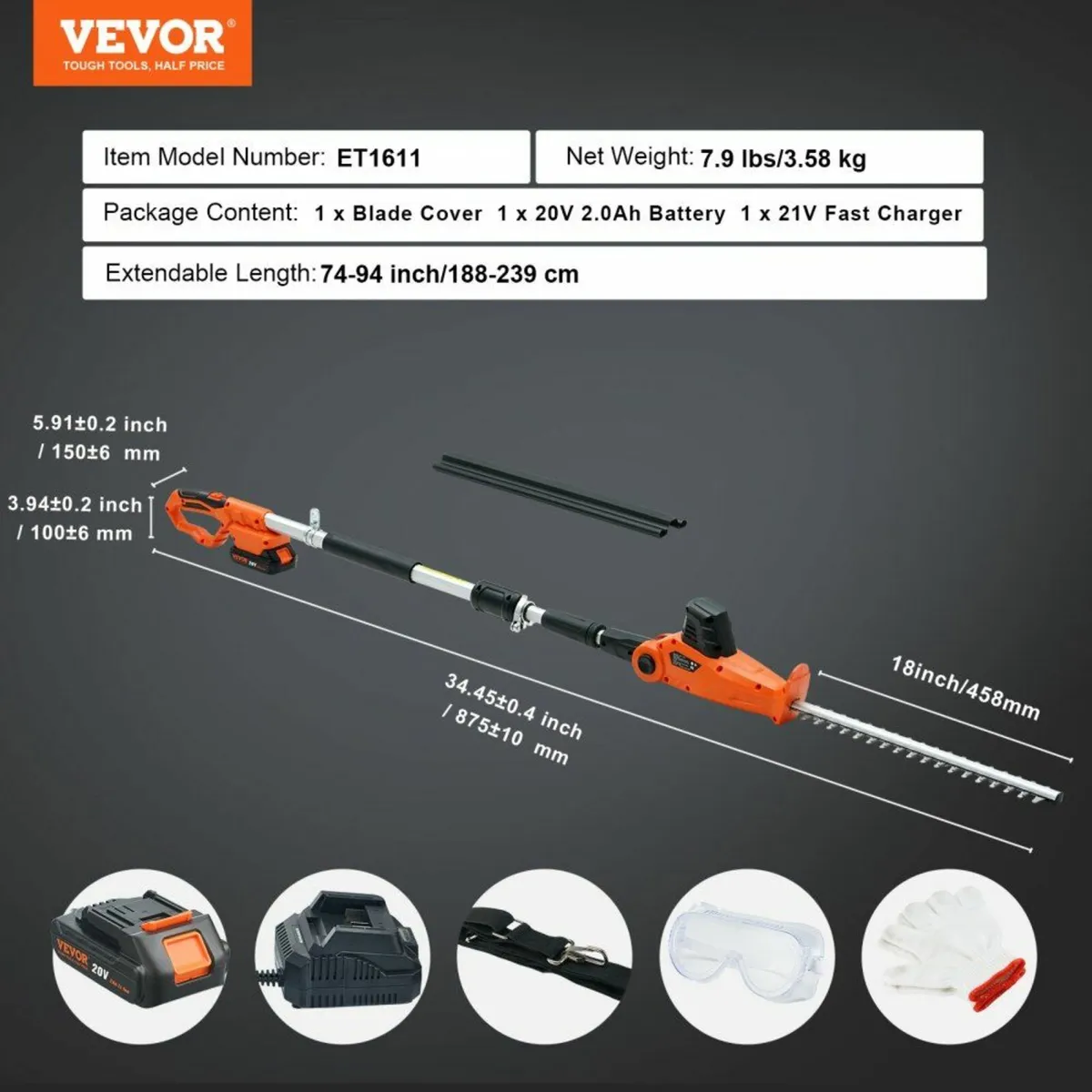 20V Cordless Hedge Trimmer Telescoping Pole Hedge - Image 3