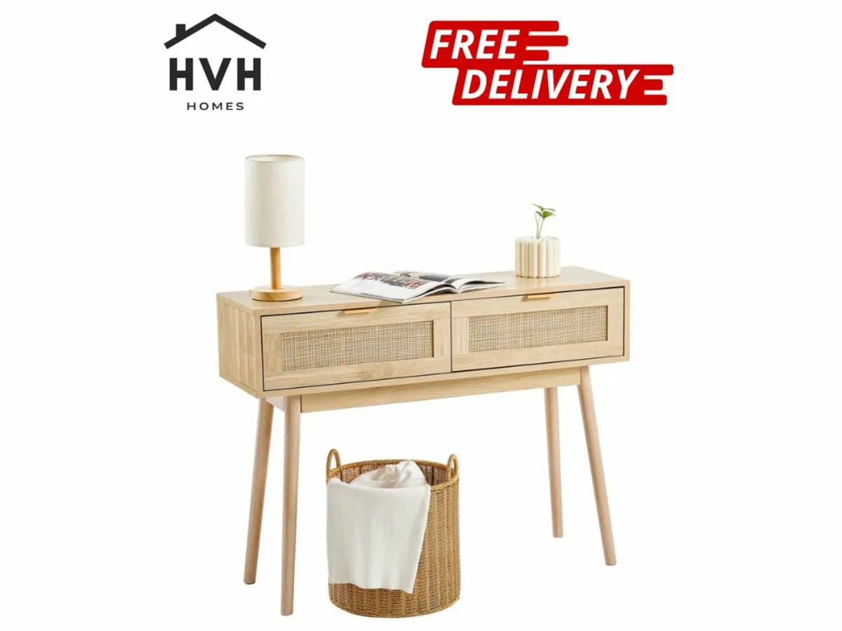 Rattan Console Table with 2 Storage Drawers Rattan - Image 1
